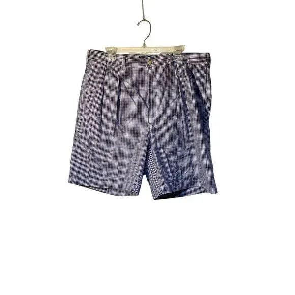 Polo by Ralph Lauren, men’s blue and burgundy gingham pleated golf shorts 38