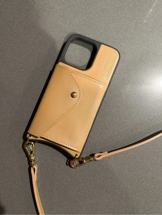 Bandolier Tan Leather Crossbody Phone Case with Gold Hardware
