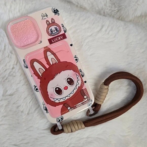 Labubu Phone Case iPhone 15 Brown Pink Monster Wristlet Lanyard Card Slot
