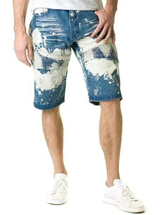 Stitches Rivets Shorts Size 36 Moto Thigh Bleach Dyed Denim Blue Medium Wash Men