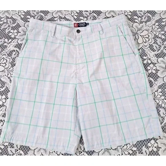 Chaps Golf Shorts Men's‎ 36 Green/Blue/Beige Plaid Casual PolyBlend Pre-owned