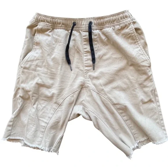 Zanerobe Sureshot Tan Khaki Drop Crotch Raw Hem Shorts Mens Size 32 Drawstring
