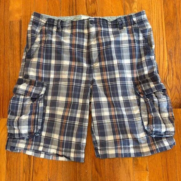 Aeropostale Mens 38 Cargo Shorts Blue Plaid Authentic Drawstring 10