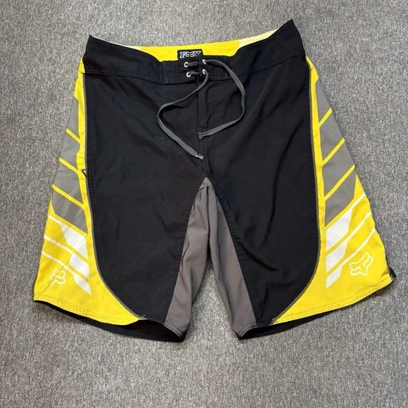 Vintage Fox Racing Board Shorts Mens 34 Black Yellow Drawstring Surf Swim Y2K