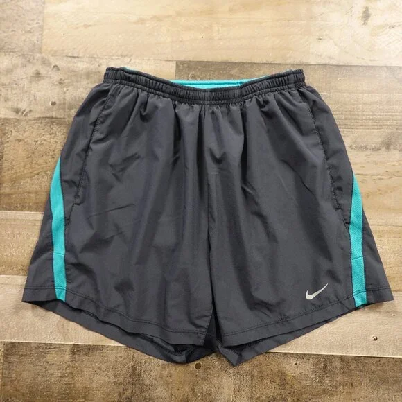 Nike Dri-FIT Running Shorts Men’s Small Charcoal Black Teal Trim 5” Inseam Lined