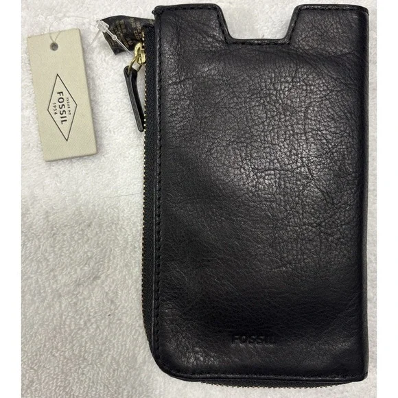 Fossil Phone Slide Black Leather Zip Wallet NWT SL7316001