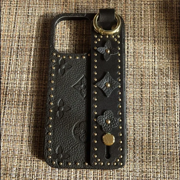 Black Leather Studded Phone Case with Strap