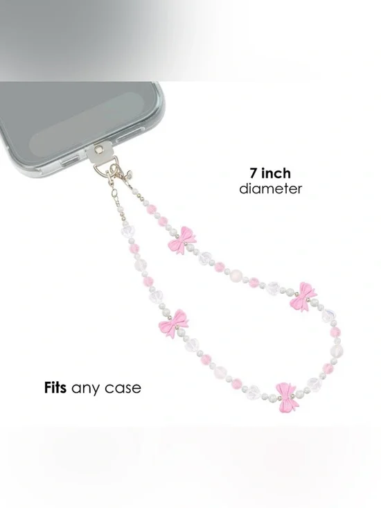 Velvet Caviar Pink and White Beaded Phone Strap with Bow Accents