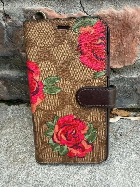 Coach Floral Phone Wallet Case - Brown with Red Rose Print