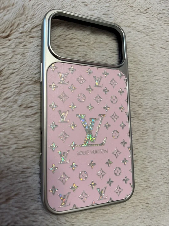 17 pro max Pink Holographic Monogram Phone Case with Gold Trim