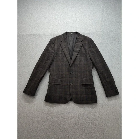 Express Men Blazer Jacket 42L Blue Brown Plaid Two Button‎ Formal Business Slim