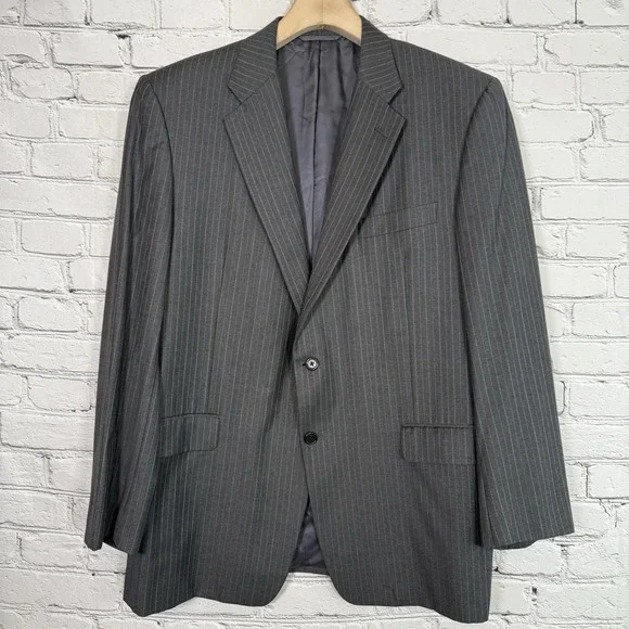 HICKEY FREEMAN Men's 46R Wool Blazer Boardroom Sport Coat Gray Pinstripe USA VTG