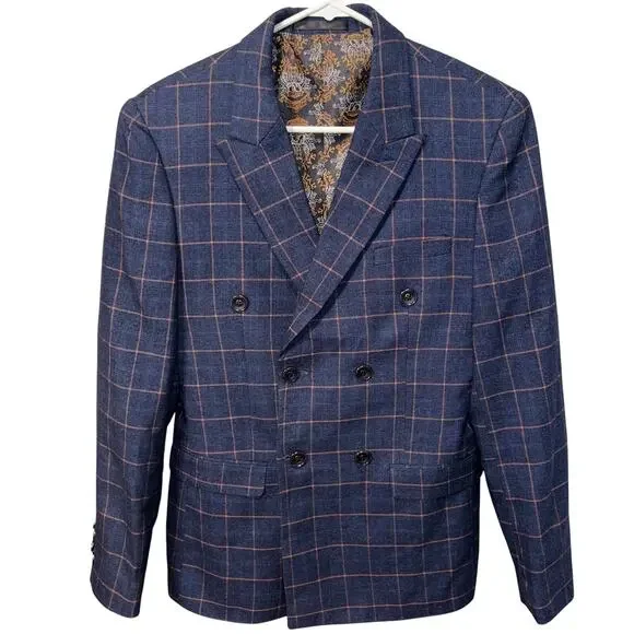 Slatl & Dean Luxury Men's Navy‎ Blue Windowpane Double Breasted Blazer Jacket