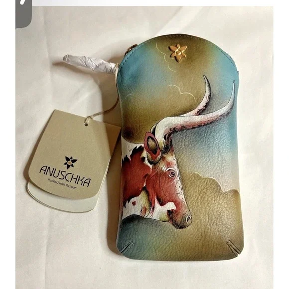 Anuschka Handpainted Leather Phone Eyeglasses Case Pouch Texas‎ Longhorn