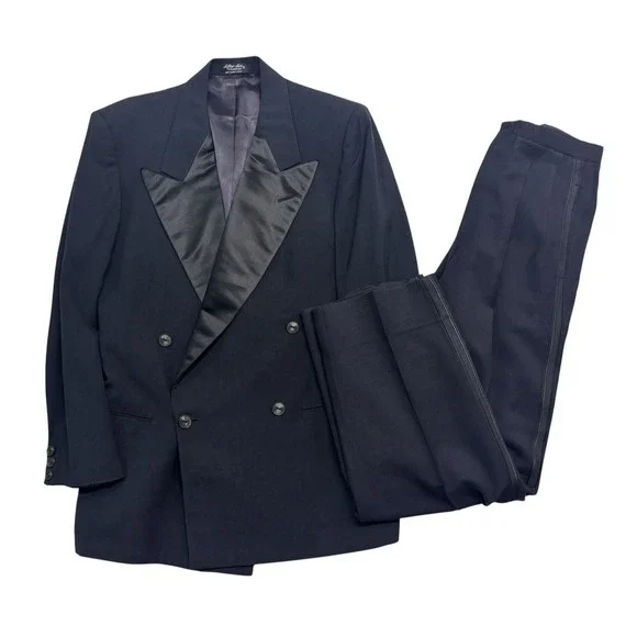 vtg 50s Double Breasted Tuxedo‎ 40S 30x30 Black Satin Formal Wool Evening Tux
