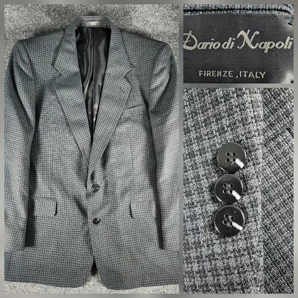 Dario di Napoli Gray Houndstooth Tweed 100% Wool Blazer‎ Sport Coat Jacket 46L