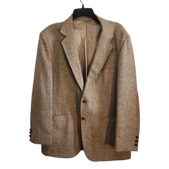 Mens Tweed Blazer Sport Coat Elbow Patches Brown Tan Herringbone 44R Vintage 80s