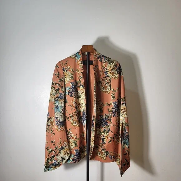 Zara Basic Floral Blazer Salmon Pink Split Bell Sleeve Open Front Jacket Small