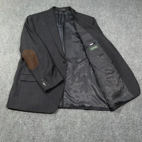 LRL Ralph Lauren Plaid Sport Coat Mens 48R Elbow‎ Patches Wool Blazer Grey Navy
