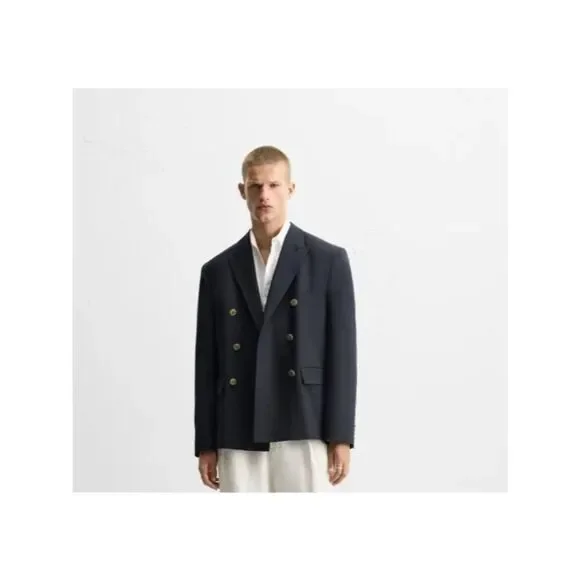 Zara Mens Blazer Suit EU 54 US 44 Navy Blue Double Breasted Jacket 1564/305 NWOT