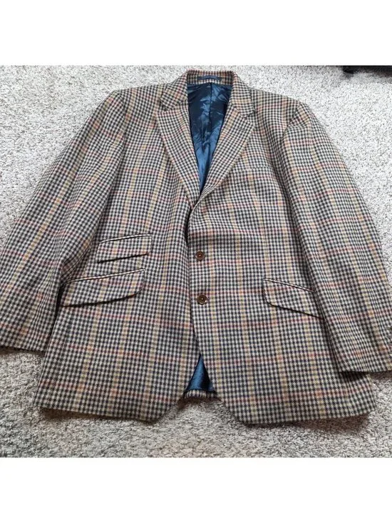 Stafford Blazer Jacket Mens 48R Colorful 100% Wool Houndstooth Sport Coat