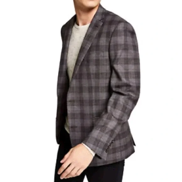 Banana Republic Tessuto Marzotto Italian Wool Gray Plaid‎ Blazer Jacket Size 44L