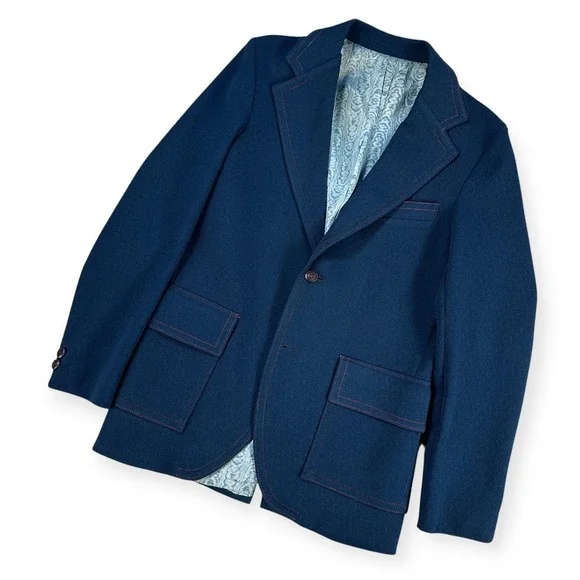 Vintage Tony Kent Mens Navy Blue Blazer‎ Red Contrast Stitch Textured Jacket