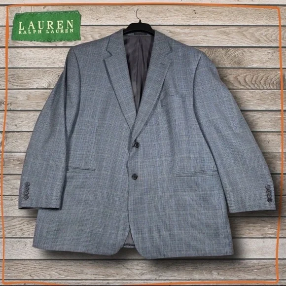 Lauren Ralph Lauren Silk Wool Blazer 50R Grey Houndstooth Tailored Sport Coat‎