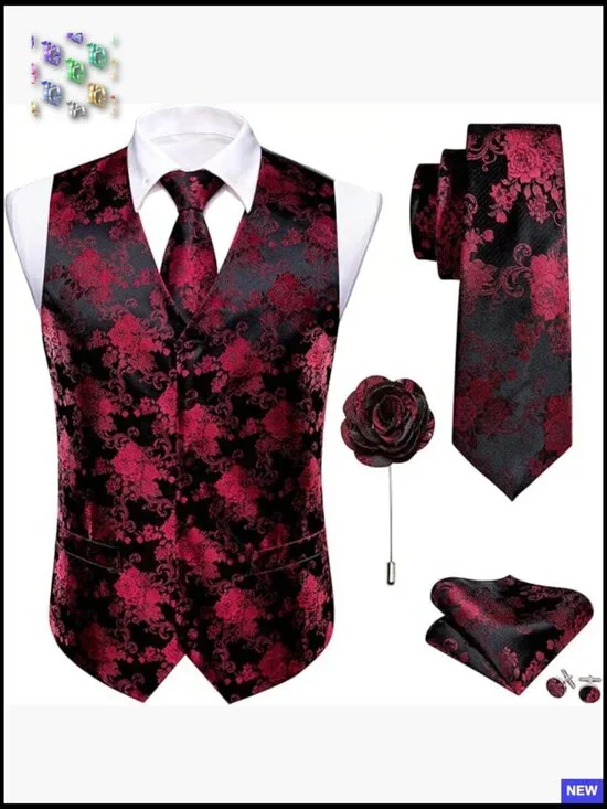 Men's V-Neck Suit Vest Set Silk Tie Pocket Square Cufflinks Formal Elegant