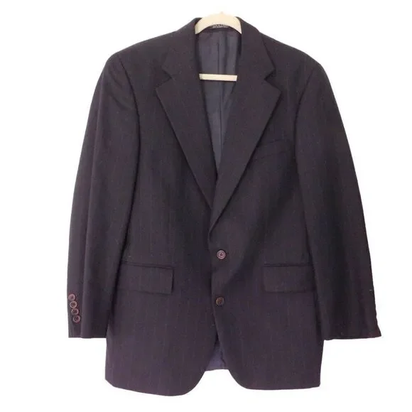 Ralph Lauren Sport Coat Blazer Suit‎ Jacket 100% wool Navy White Pinstripe 40R