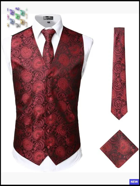 Classic Jacquard Paisley Vest Set Slim Fit Formal Elegant Tuxedo Accessories