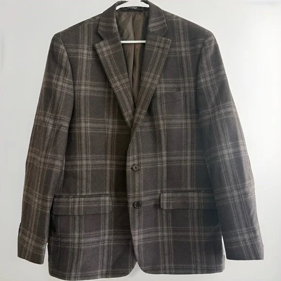 Ralph Lauren Blazer Mens 42R Gray Brown Plaid UltraFlex Lexington Wool Blend