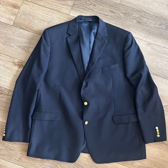 Lauren Ralph Lauren Mens 50L Navy Blue Wool Blend Gold Crest Button Blazer Coat