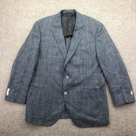 Hugo Boss Blazer Mens 46 Blue Check Tweed Wool Cotton Linen Sport Coat Jacket