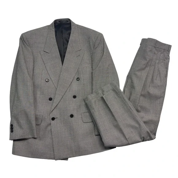 vtg 90s Double Breasted 42R 34x29 Black White Micro Houndstooth 2pc Pant Suit