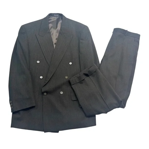 vtg 90s Double Breasted 42R 36x29 Dark Green 2pc Pant Suit Wool Alfani Macys