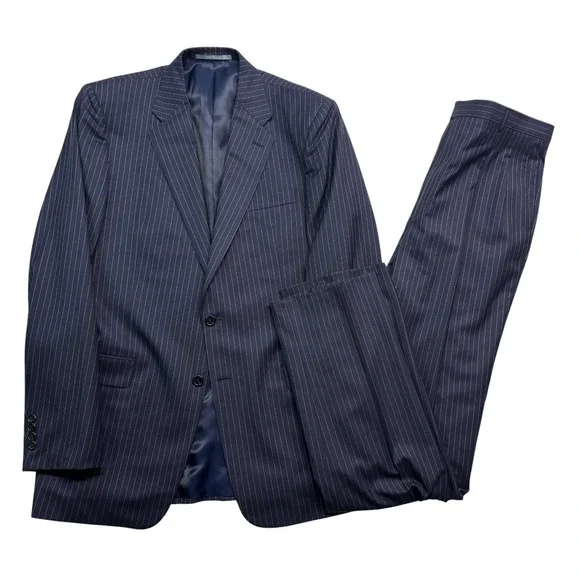 Hickey Freeman Limited 42L 35x36 Navy Blue Chalk Stripe 2pc Pant Suit Wool USA