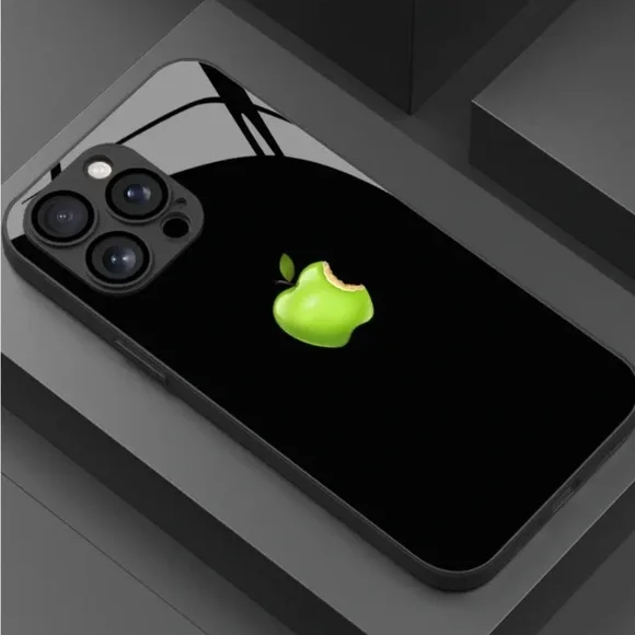 iPhone 14 Pro Max Glossy Tempered Glass Black Case with Green Bitten Apple