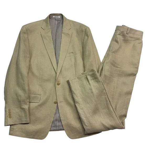 Calvin Klein 42L 34x36 Tan 2pc Pant Suit 100% Linen Lightweight Flat Front Mens