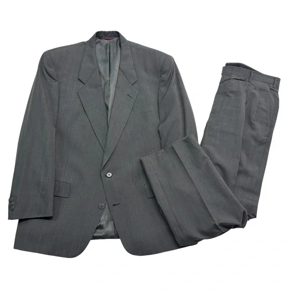 vtg 90s Hart Schaffner Marx 43R 36x30 Gray Stripe 2pc Pant Suit Wool USA Pleated