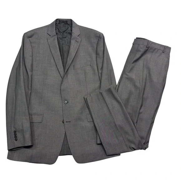 Calvin Klein 48XL 48L 40x34 Gray 2pc Pant Suit 100% Wool Slim Fit Flat Front