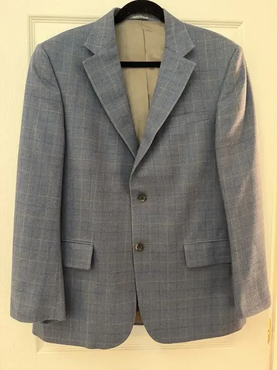 Oscar de la Renta 42R Blue Windowpane Silk Wool Sport Coat Blazer Men’s