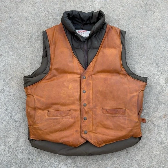 VTG Schott NYC Leather Down Plume Puffer Vest Men's Size 44 Western 70s 80s USA