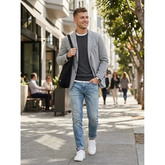 Uniqlo Comfort Jacket Mens Large Gray Jersey Knit Blazer Slim Fit 2-Button L