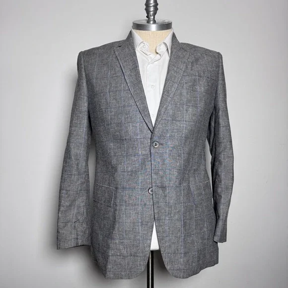 Tasso‎ Elba Island Blazer Mens L 42-44 Gray Windowpane Linen Cotton Sport Coat