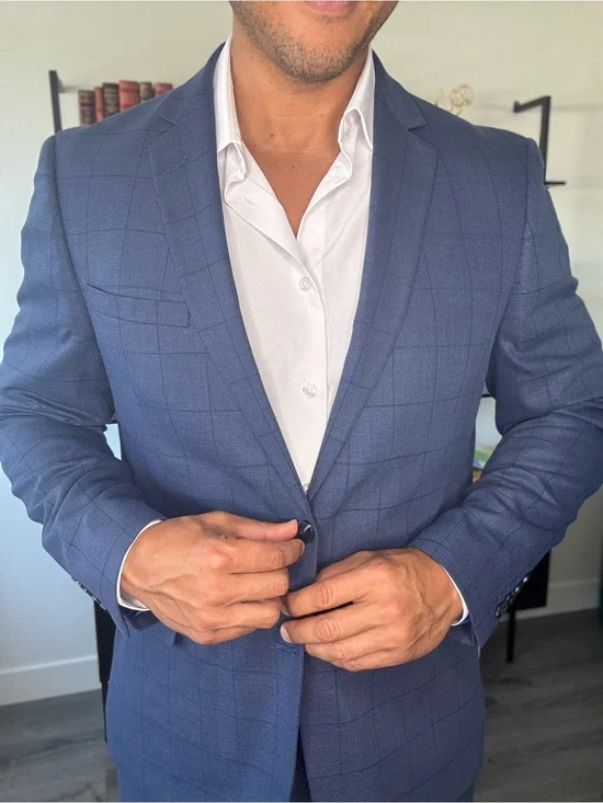 Men's Blue Windowpane Suit - Classic Tailored Suit Jacket