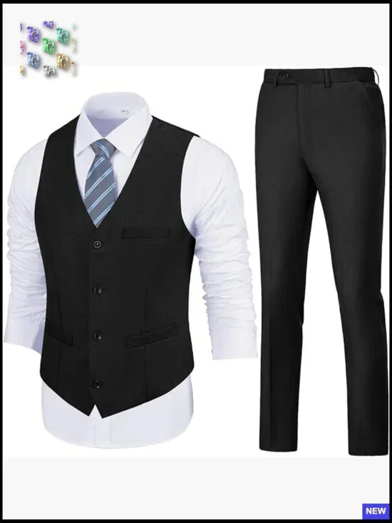 Slim Fit Two Piece Suit Set V-Neck Vest Pants Modern Formal Wedding Tuxedo