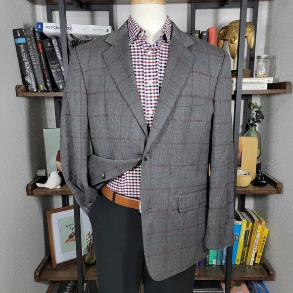 Tasso Elba Men's Sport Coat Gray Herringbone Plaid‎ Poly Wool Size Large 42-44