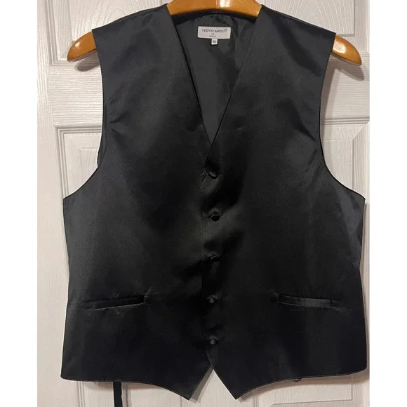 Vesuvio Napoli Mens Black Satin Formal Tuxedo Vest Waistcoat XXL Adjustable Back