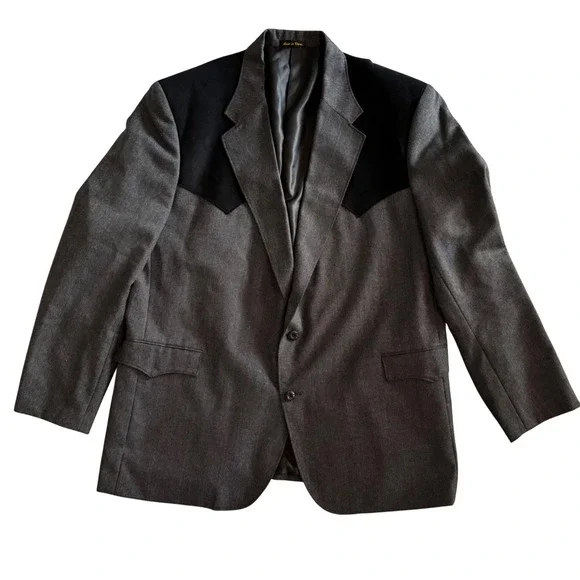 Circle S Dallas Mens Grey Western Blazer 50L Sport Coat Black Suede Yoke Cowboy